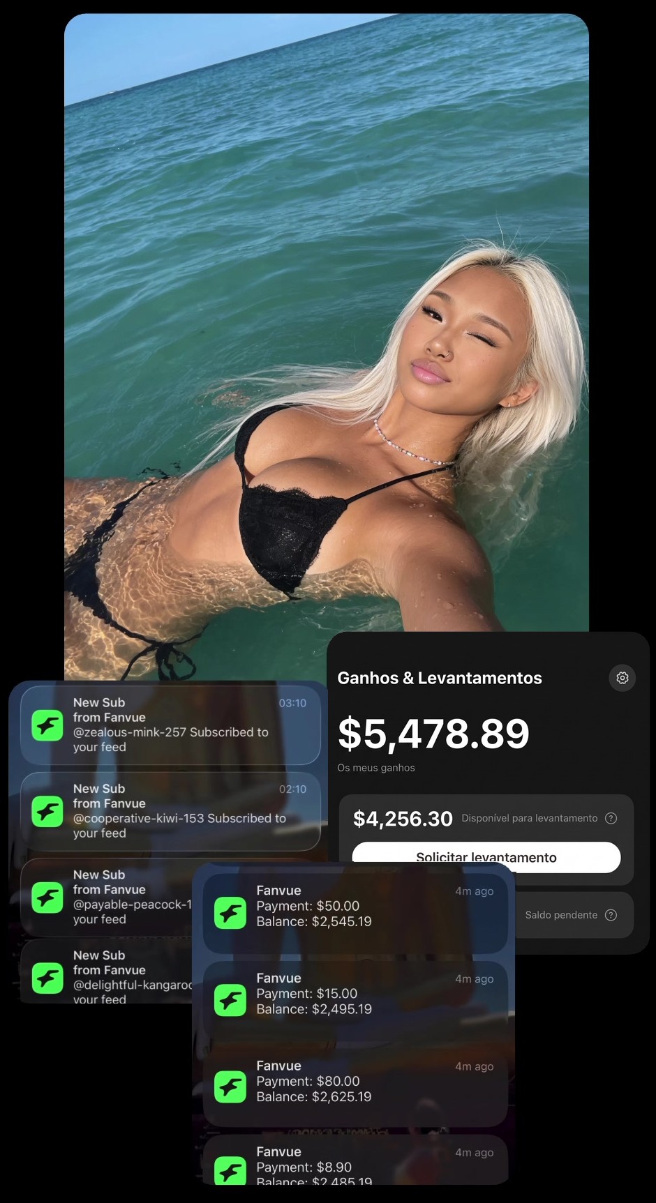 Avatar de IA e prints de ganhos no Fanvue: $5,478.89